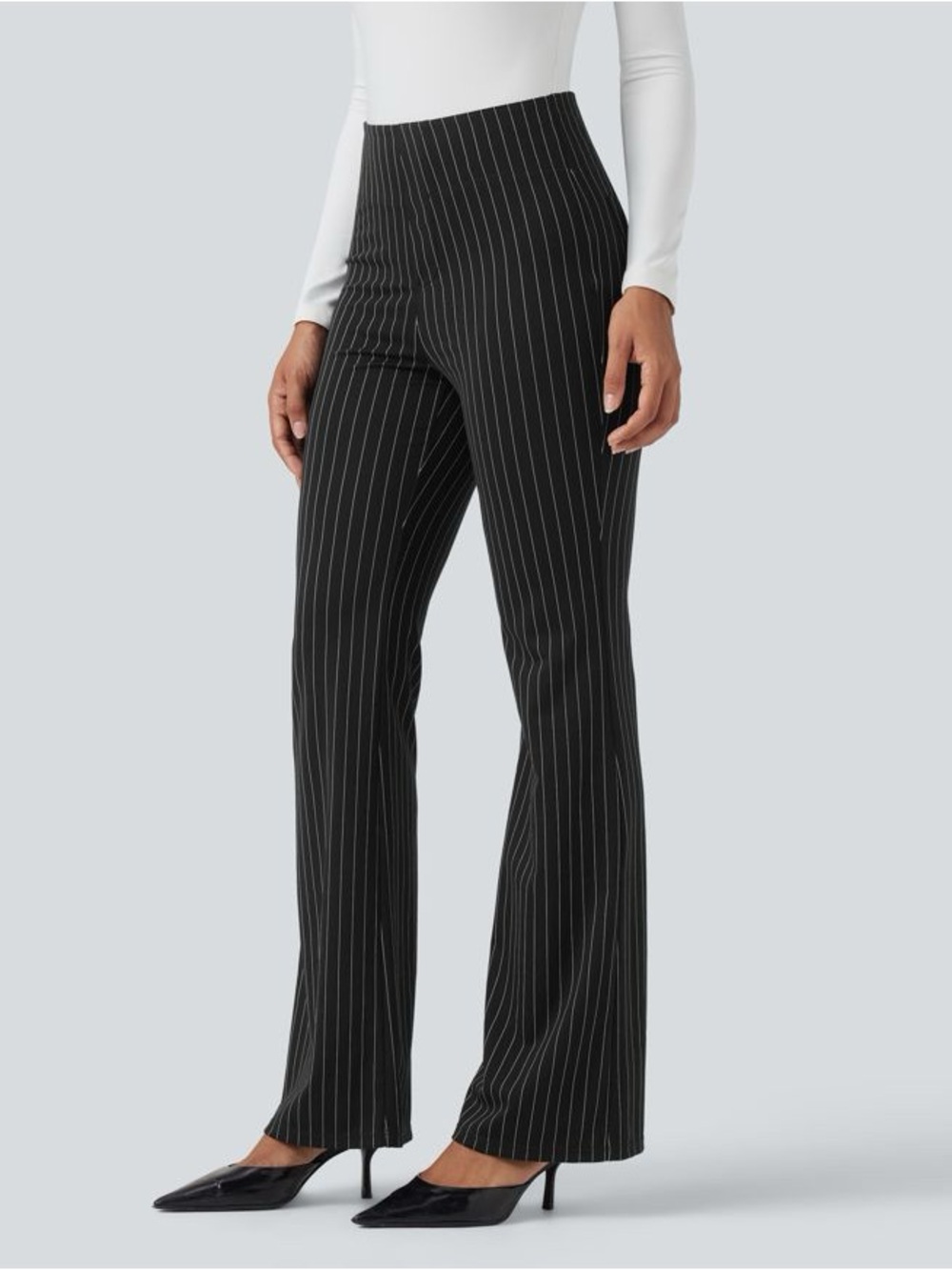 Halara Flex High Waisted Striped Work Flare Pants Black White Pinstripe L *TALL*